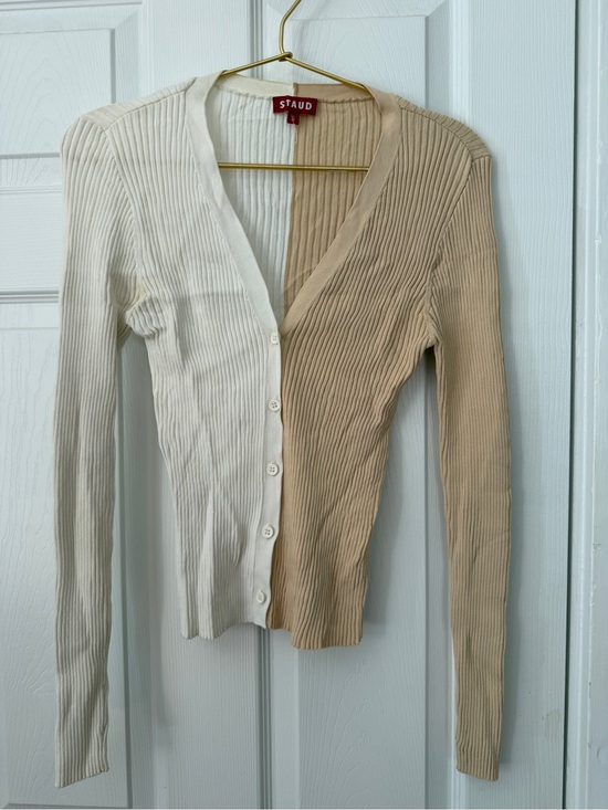STAUD Sweaters - STAUD Two-Tone Ribbed V-Neck Cardigan - Cream & Tan